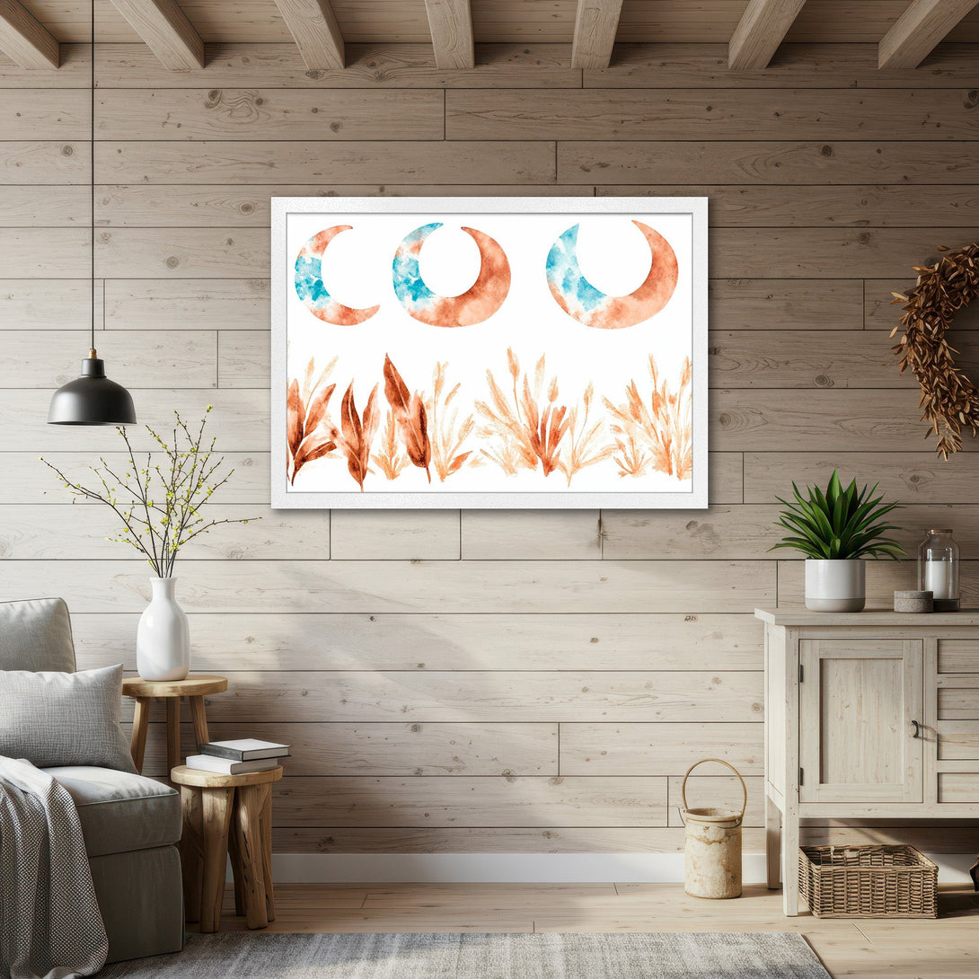 Framed Poster featuring watercolor moons and plants in warm orange and blue hues. Perfect for boho home decor.