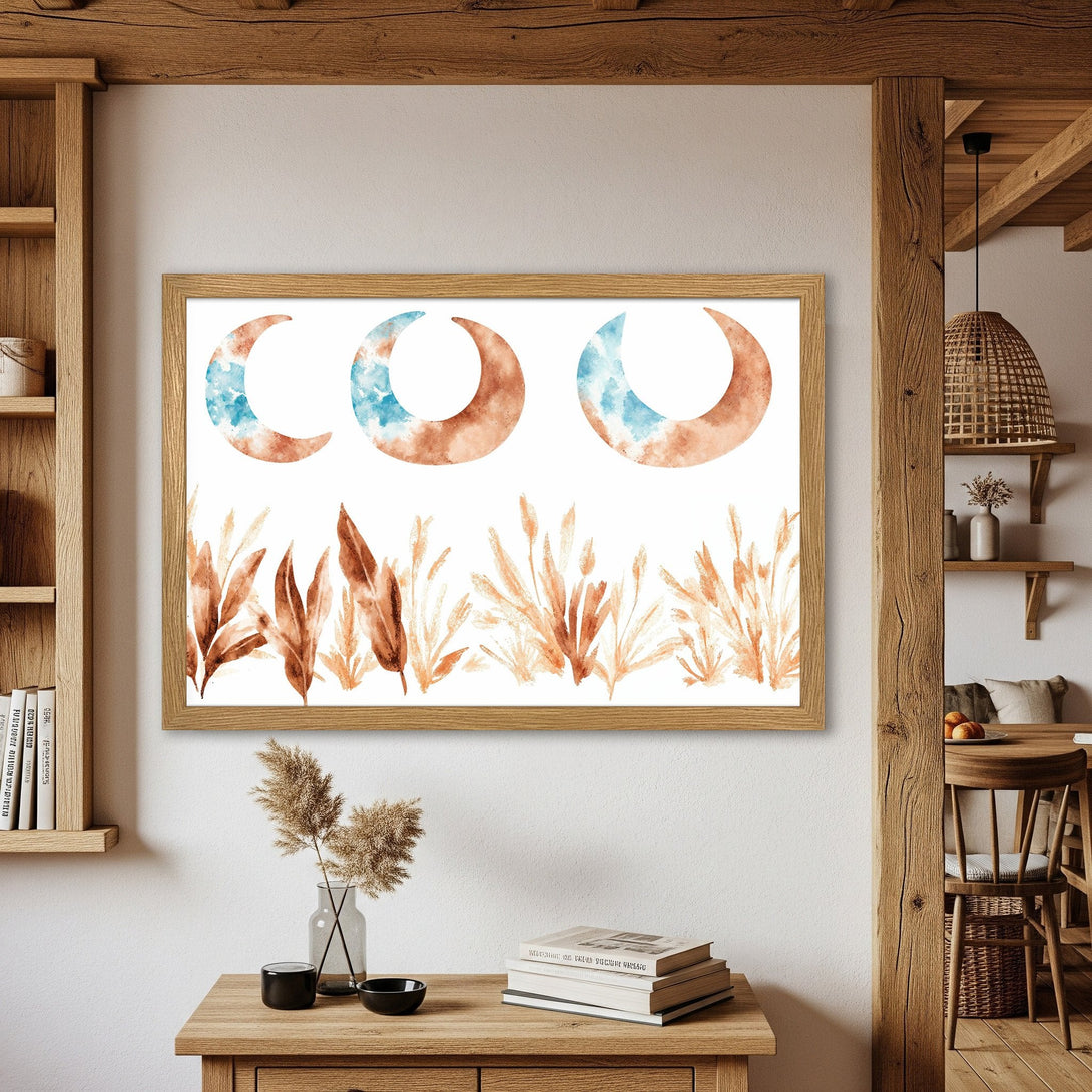 Framed Poster featuring watercolor moon and botanical art in warm earth tones. Perfect for adding a touch of boho style to your home.