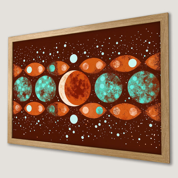 Framed Poster featuring an abstract design with celestial elements in a warm brown, orange, and teal color palette.