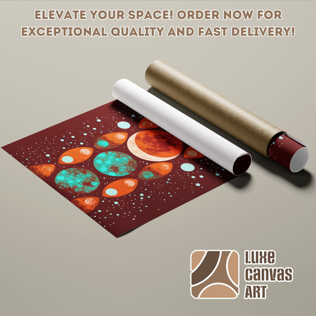 Abstract poster roll with a maroon, teal, and orange color palette. Order your art today!
