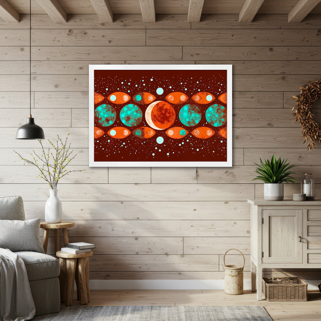 Framed Poster featuring a vibrant, abstract design with orange, teal, and brown hues. Perfect wall art for any space!