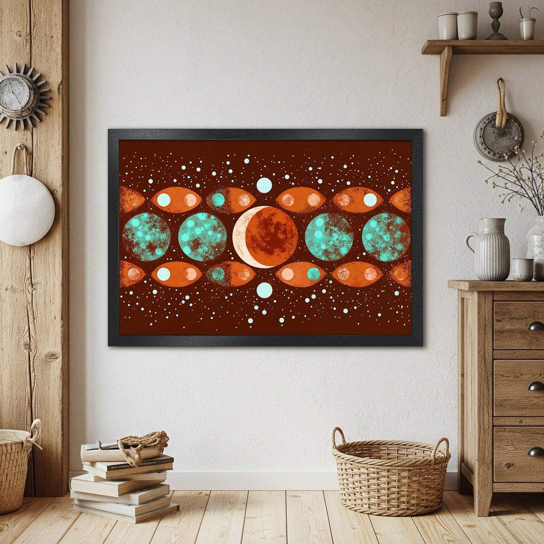 Framed Poster featuring a mid-century modern design with orange, teal, and brown color palette. Perfect wall art for your home!