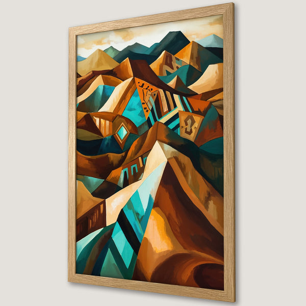 Framed Poster featuring abstract mountain landscape art in warm brown, teal, and orange tones. Modern art print for home decor.