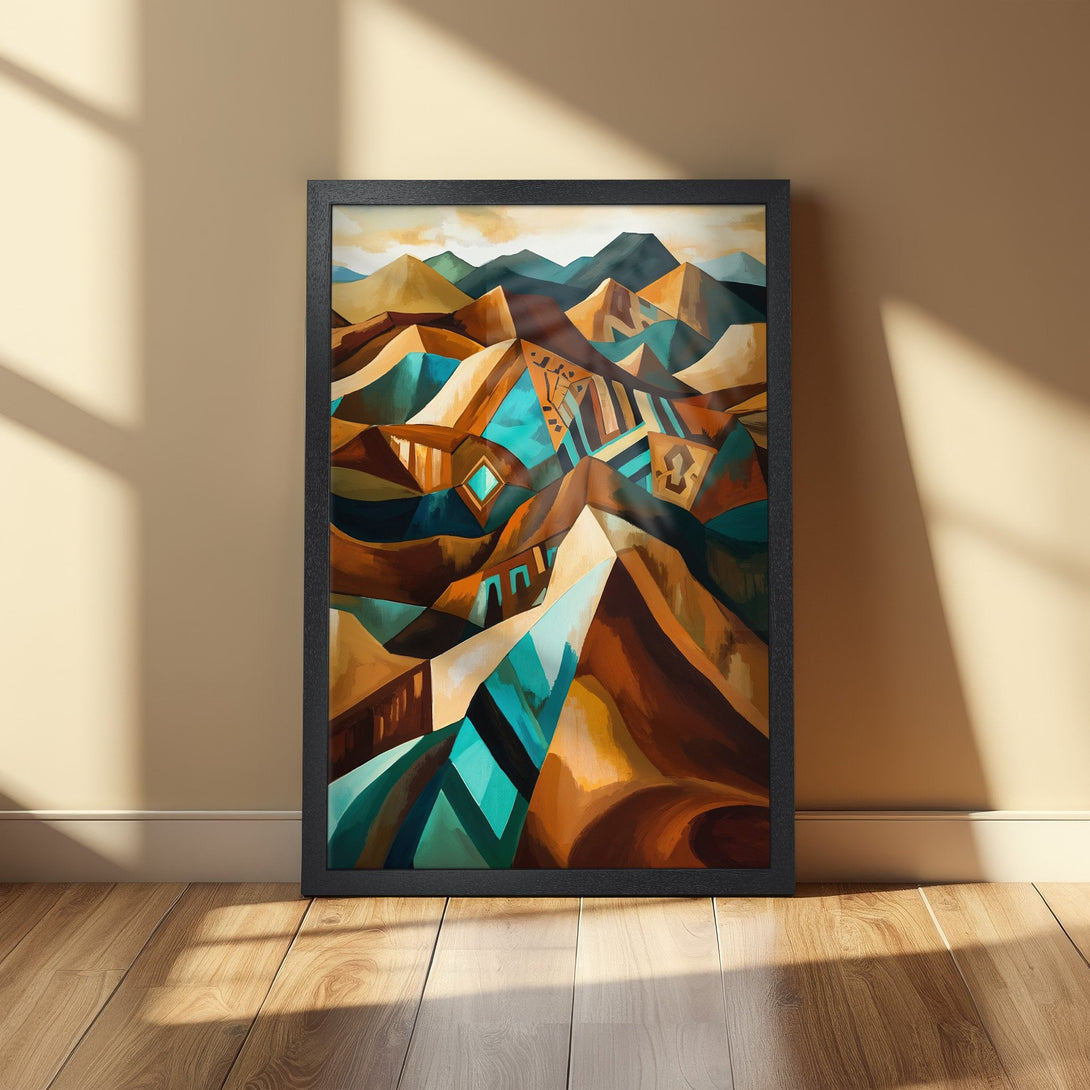 Framed Poster featuring an abstract mountain landscape in warm earth tones and teal, perfect wall art for your home.