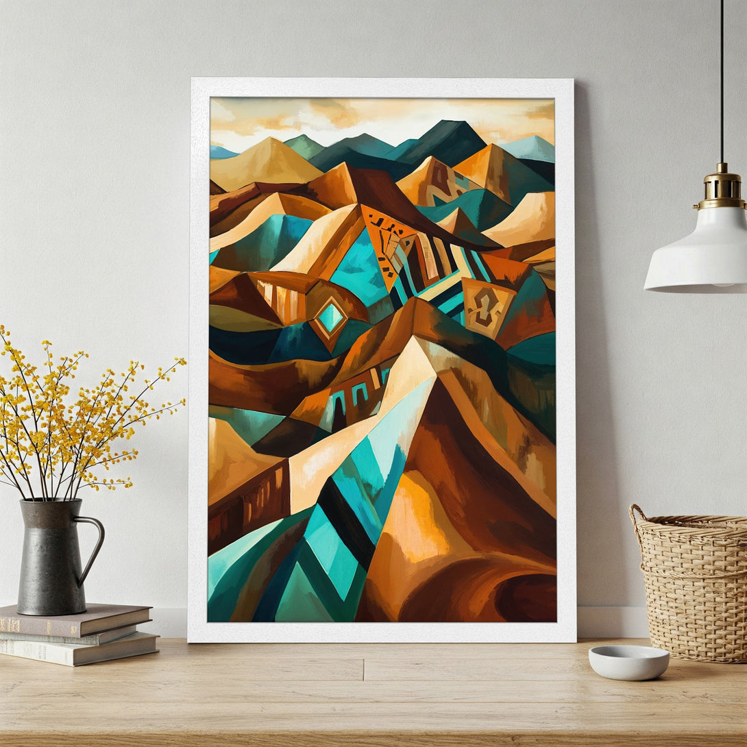 Framed Poster of abstract mountain landscape in warm earthy tones with teal accents. Modern art print for home decor.