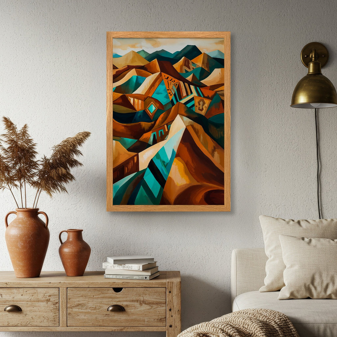 Framed Poster featuring an abstract geometric landscape in warm earth tones and teal, perfect wall art.