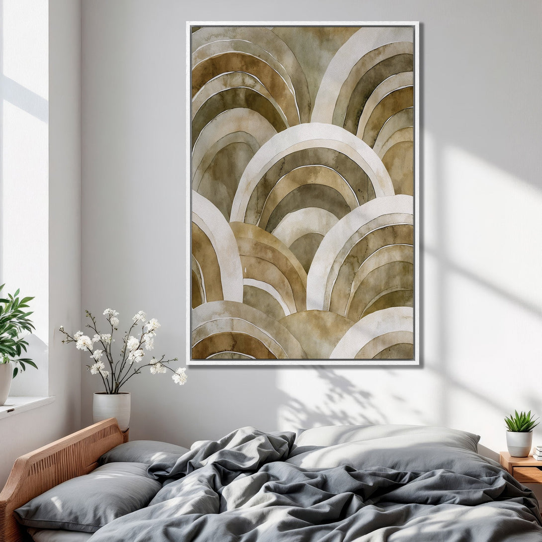 Framed Wall Art: Abstract watercolor arches in neutral tones. Modern art print for bedroom decor. Earthy color palette.