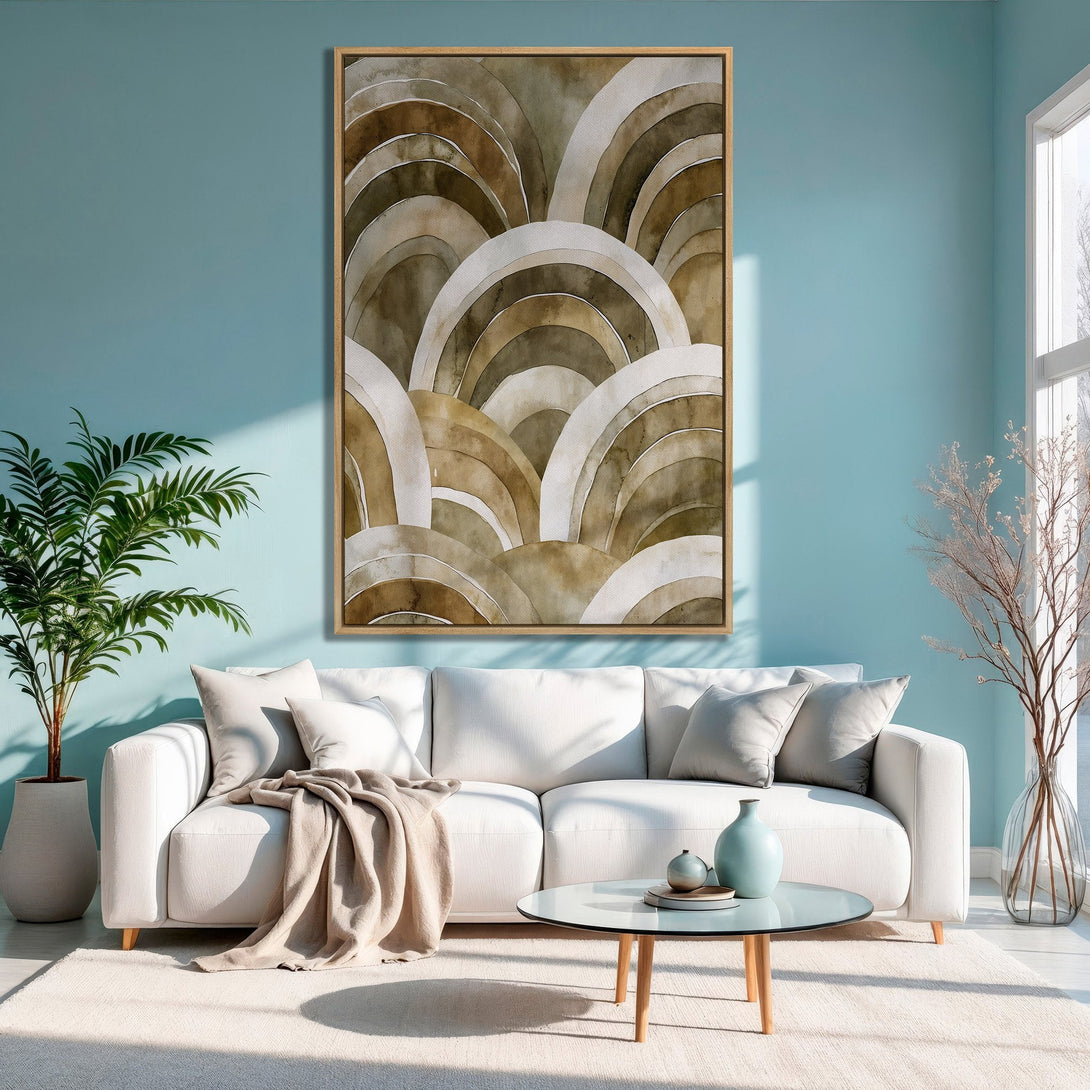 Framed Wall Art featuring an abstract watercolor design in neutral browns and whites, displayed in a modern living room with a calming blue color palette.