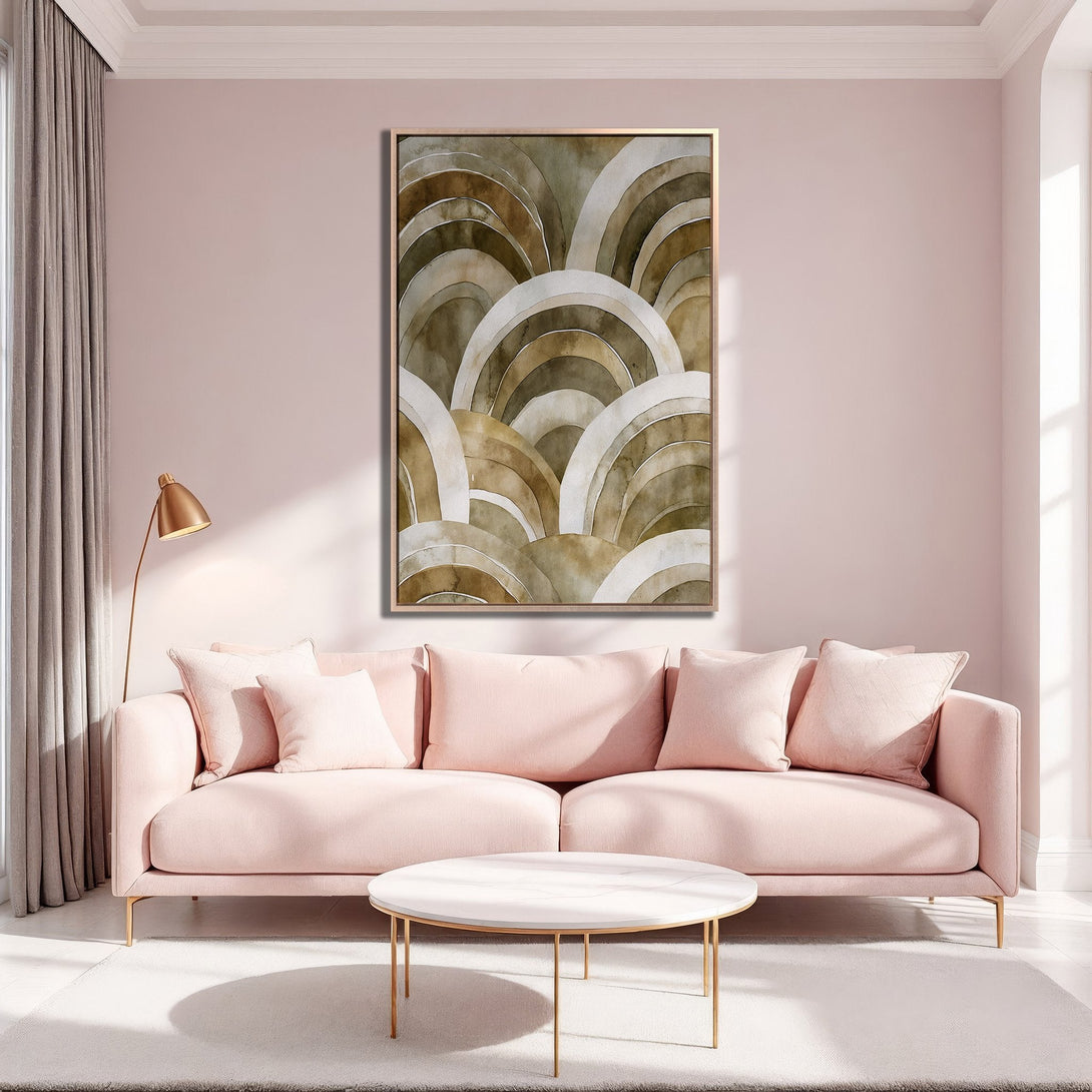 Framed Wall Art featuring an abstract watercolor design in neutral earth tones. Stylish decor for modern living rooms.