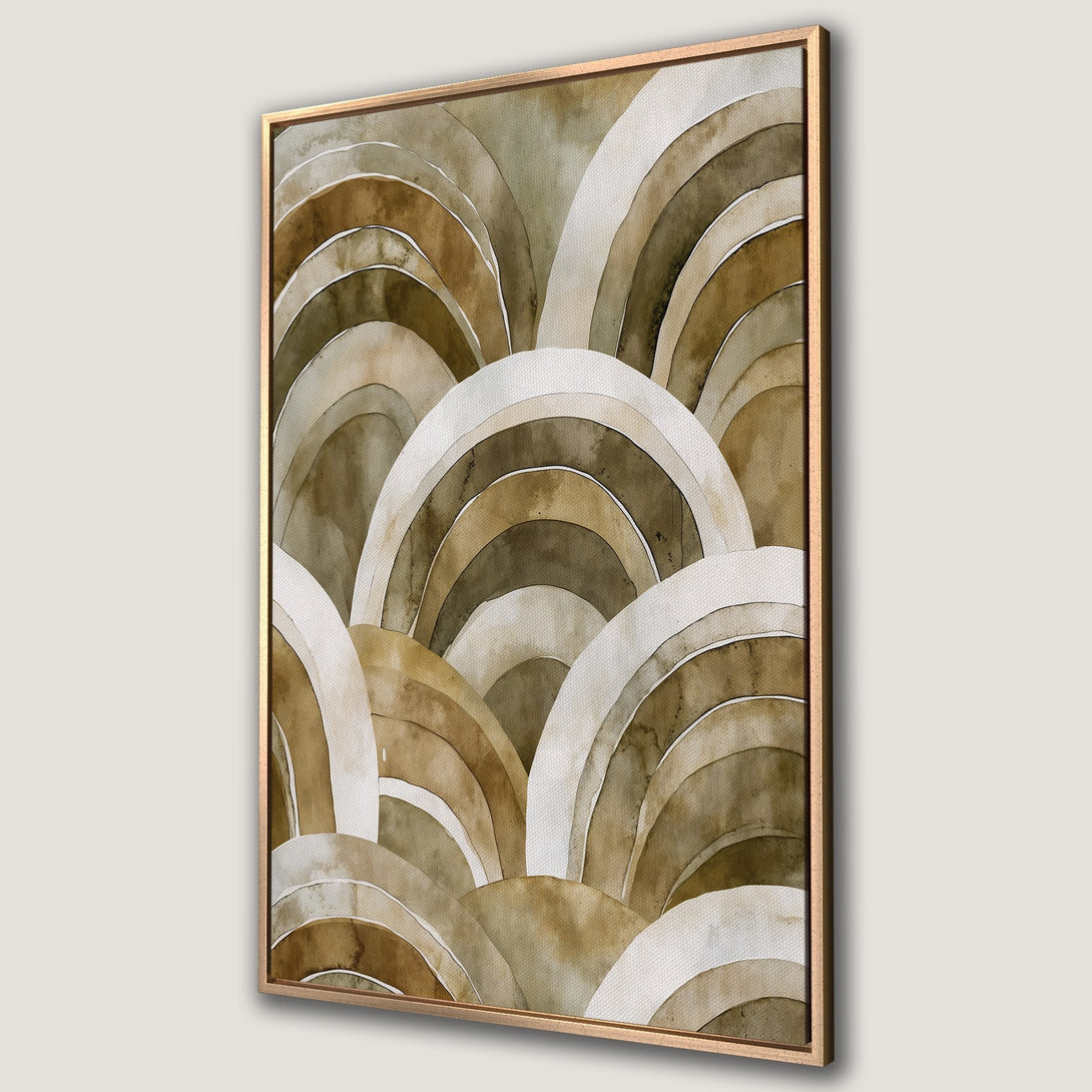 Framed Wall Art featuring an abstract watercolor design of layered arches in a warm, neutral color palette. Perfect for adding a touch of modern art to your space.