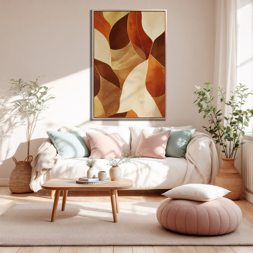Framed Wall Art: Abstract leaf design in warm brown, gold, and cream tones. Modern art canvas print for living room decor.