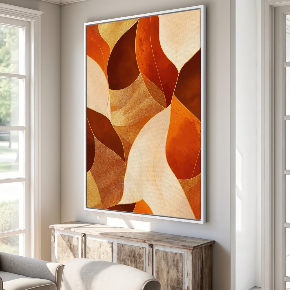 Framed Wall Art: Abstract leaf design in warm earth tones. Elevate your space with this stylish canvas print featuring a modern, organic aesthetic and a rich color palette.
