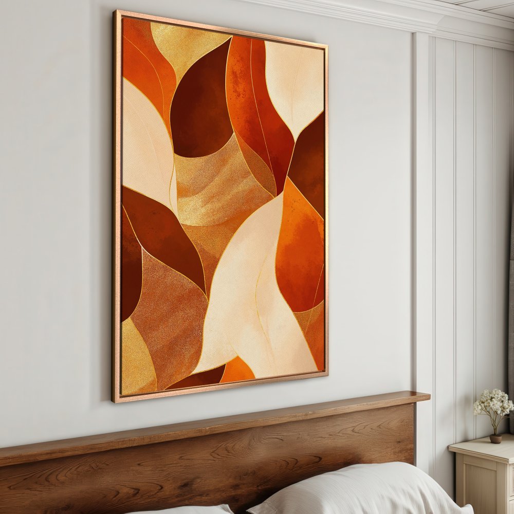 Framed Wall Art: Abstract leaf design in warm orange, brown, and gold tones. Modern Canvas Print perfect for adding a touch of elegance to any space.