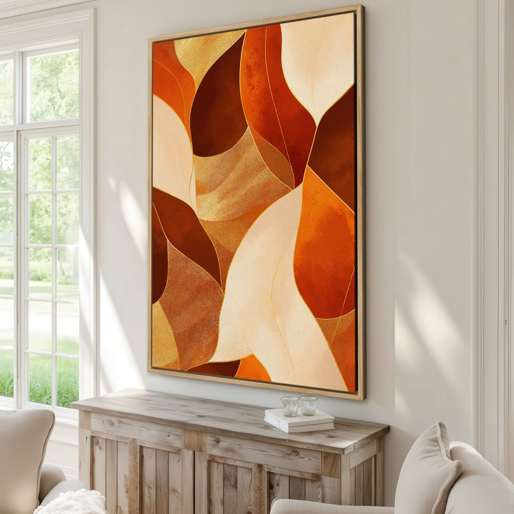 Abstract leaf Canvas Print in warm earth tones. Modern wall art with orange, brown, and gold palette. Perfect for living room decor.