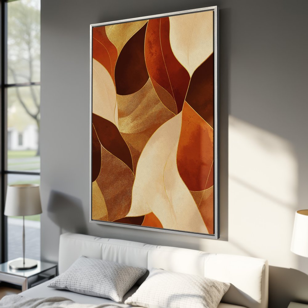 Framed Wall Art: Abstract leaf design in warm earth tones of brown, gold, and beige. Perfect for adding modern style to your bedroom.