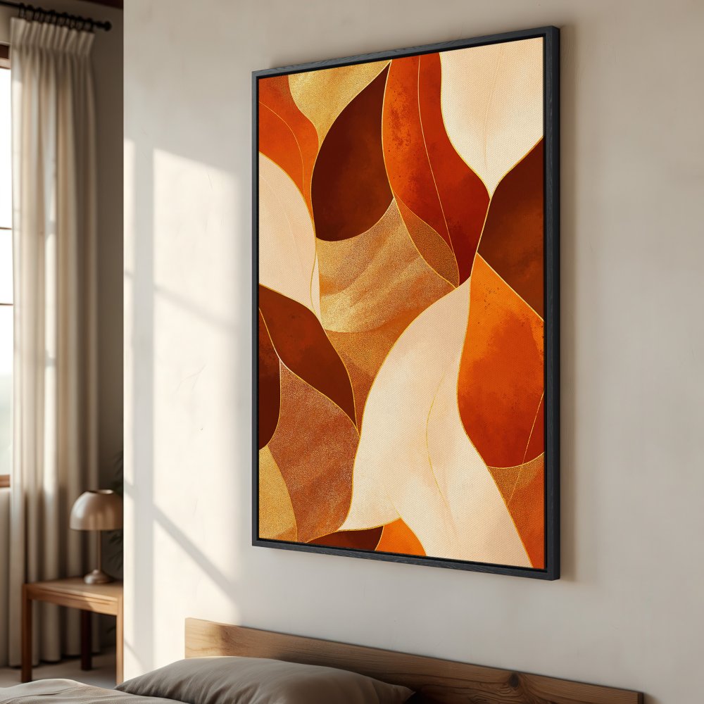 Framed Wall Art: Abstract leaf design in warm orange, brown, and gold tones. Modern art for home decor, adds a touch of elegance and style.