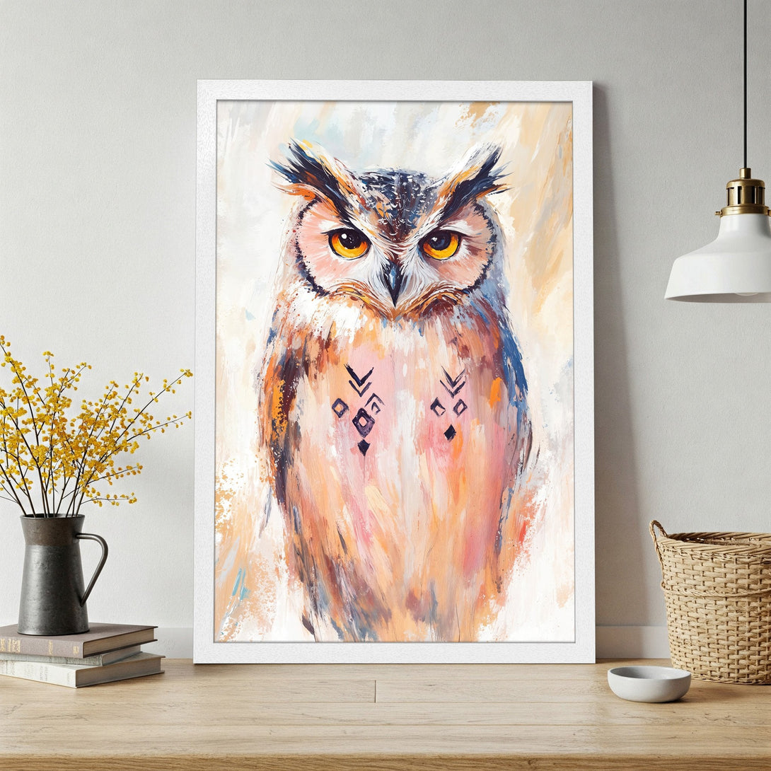 Framed Poster featuring an owl painting in a vibrant, impressionistic style with warm, earthy tones.