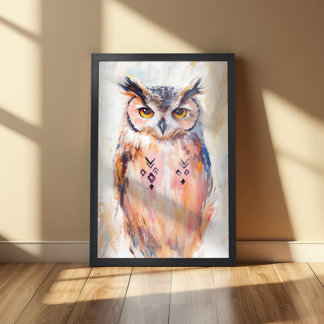 Framed Poster featuring an owl painting in a vibrant, artistic style with warm, earthy tones. Perfect wall art for any room!