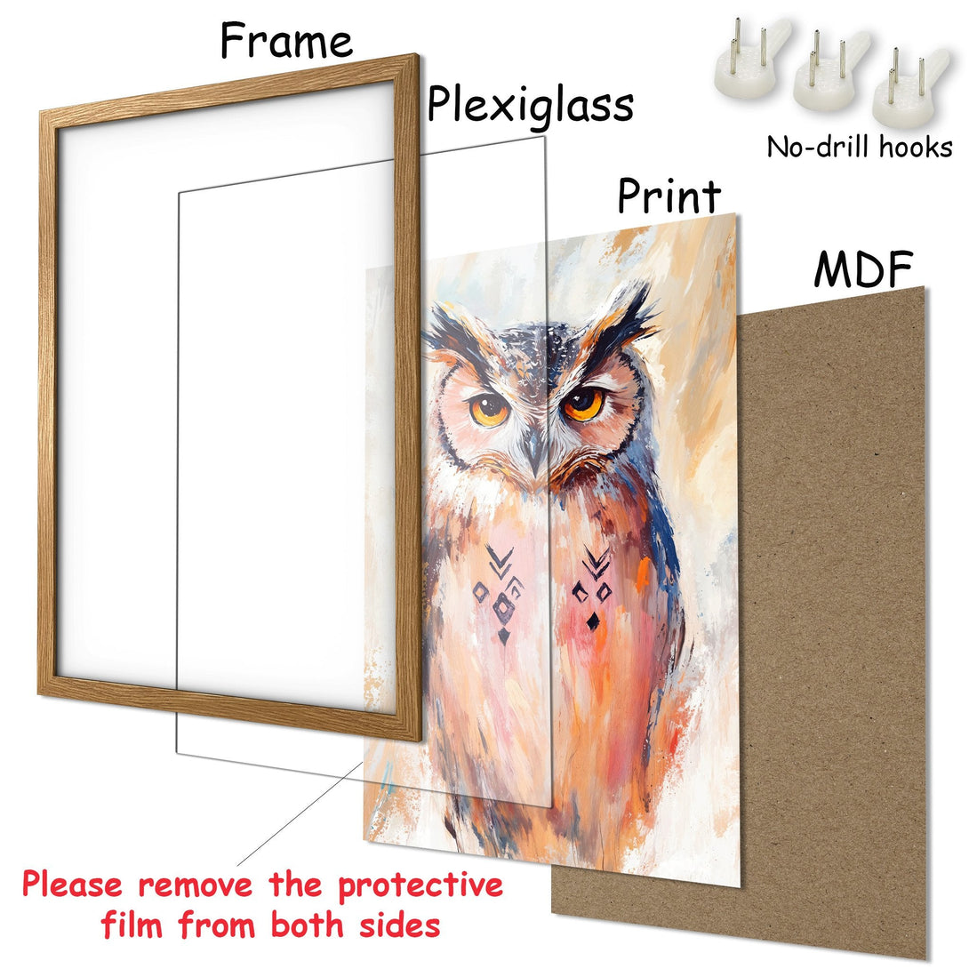 Framed Poster featuring an owl in an expressive, painterly style with warm, earthy tones. Perfect wall art!