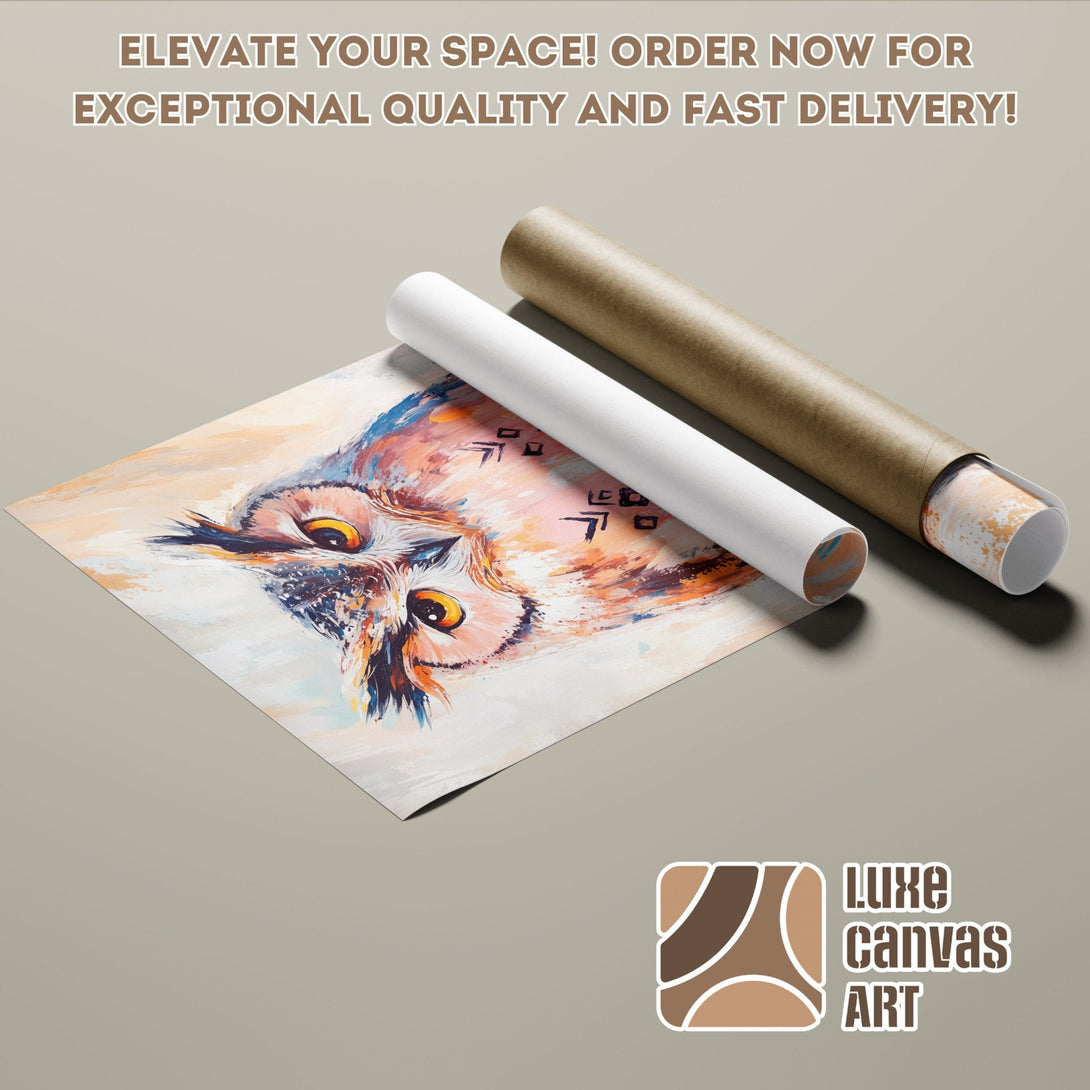 Owl Poster Roll in vibrant, abstract style with warm, earthy tones. Elevate your space with this high-quality art print!