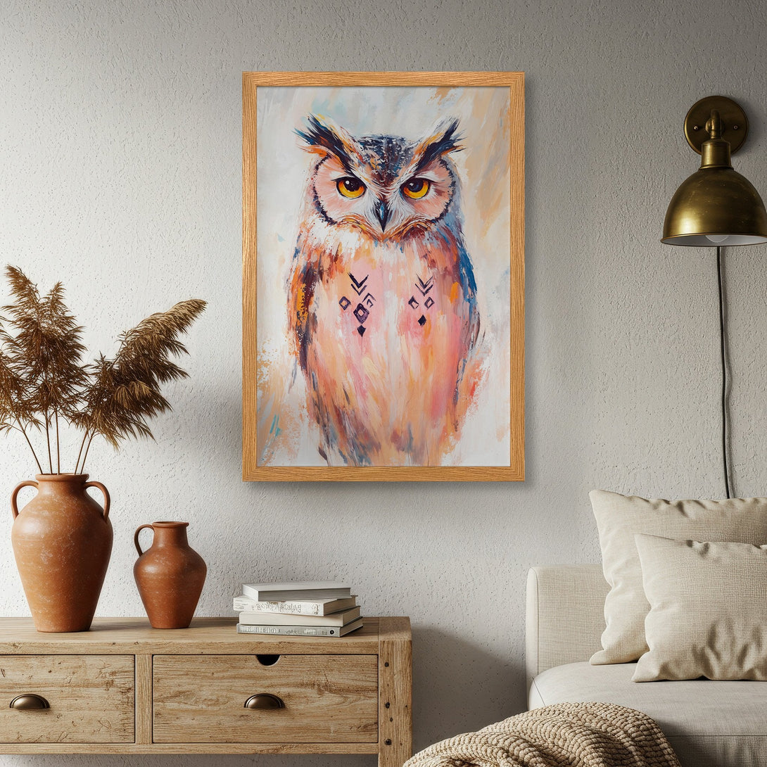 Framed Poster featuring an owl in an expressive, colorful style. Warm, earthy tones and vibrant details make this art print a perfect home decor accent.