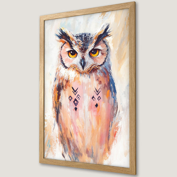 Framed Poster featuring an owl in expressive, colorful brushstrokes. Warm, earthy tones and vibrant yellows create a captivating art piece.