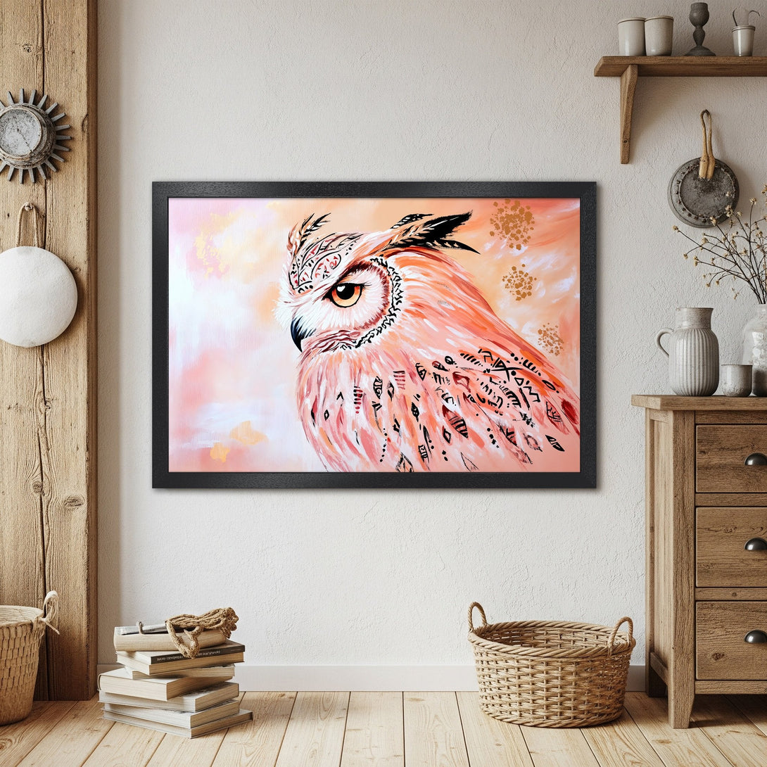 Framed Poster featuring an owl in a boho style, with a warm peach and black color palette, perfect for home decor.