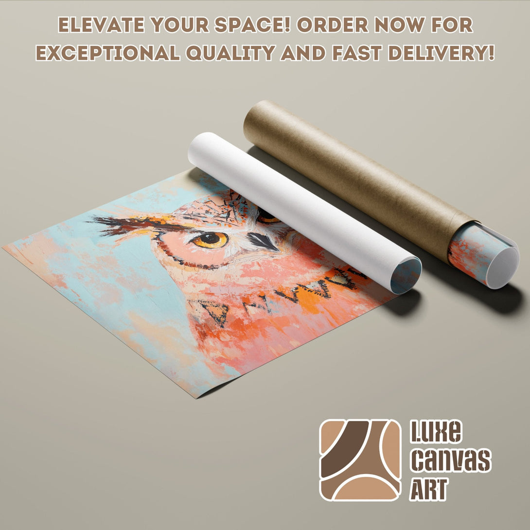 Owl art poster roll, pastel colors, perfect for home decor. Order your poster today!