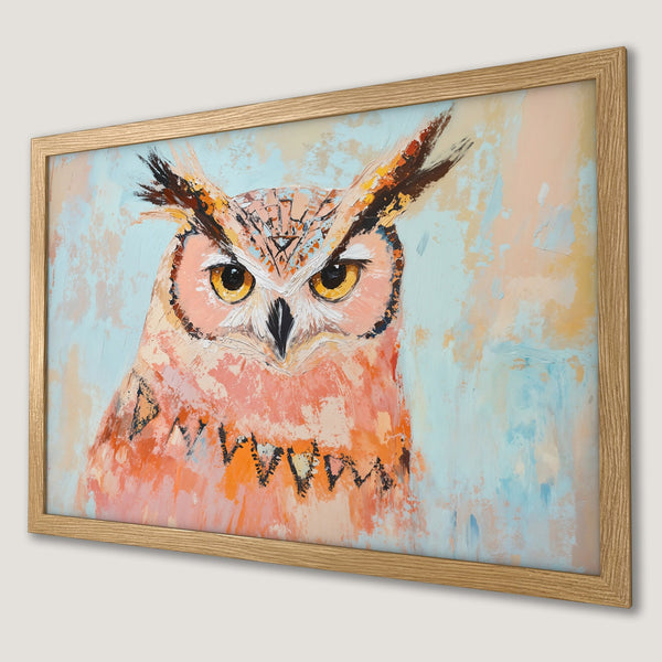 Framed Poster featuring an owl in an expressive, textured style with a warm, pastel color palette. Perfect wall art!