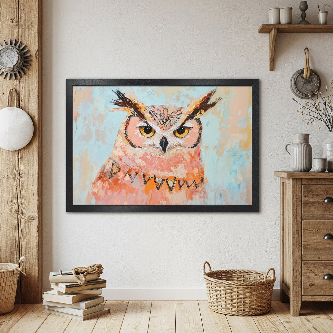 Framed Poster of an owl in a modern, abstract style. Warm, earthy color palette with blue accents. Perfect wall art!