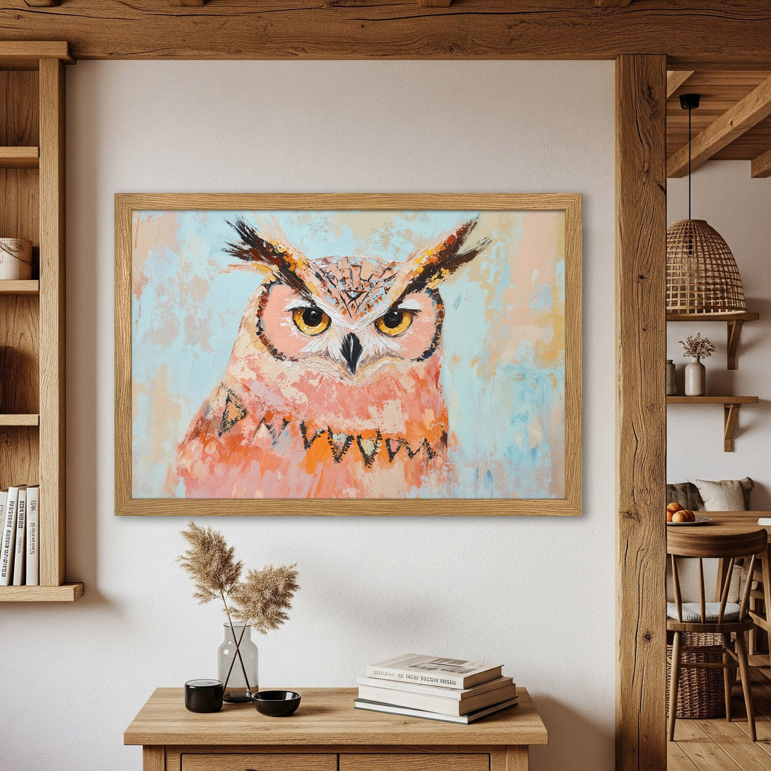 Framed Poster featuring an owl in a vibrant, abstract style with a warm color palette. Perfect wall art for any home!