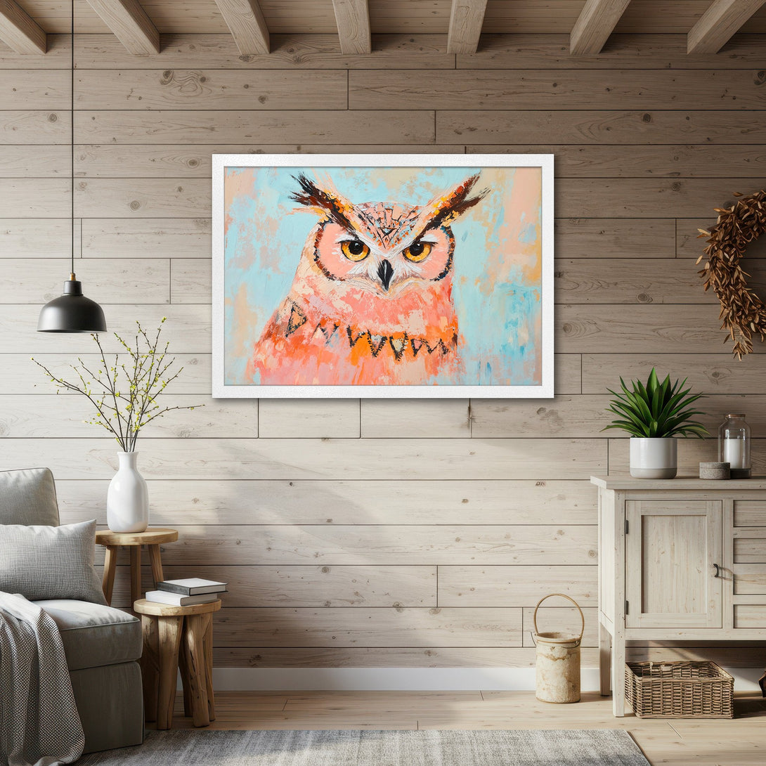 Framed Poster featuring an owl painting in a vibrant, impressionistic style with a warm, peachy and blue color palette. Perfect wall art!