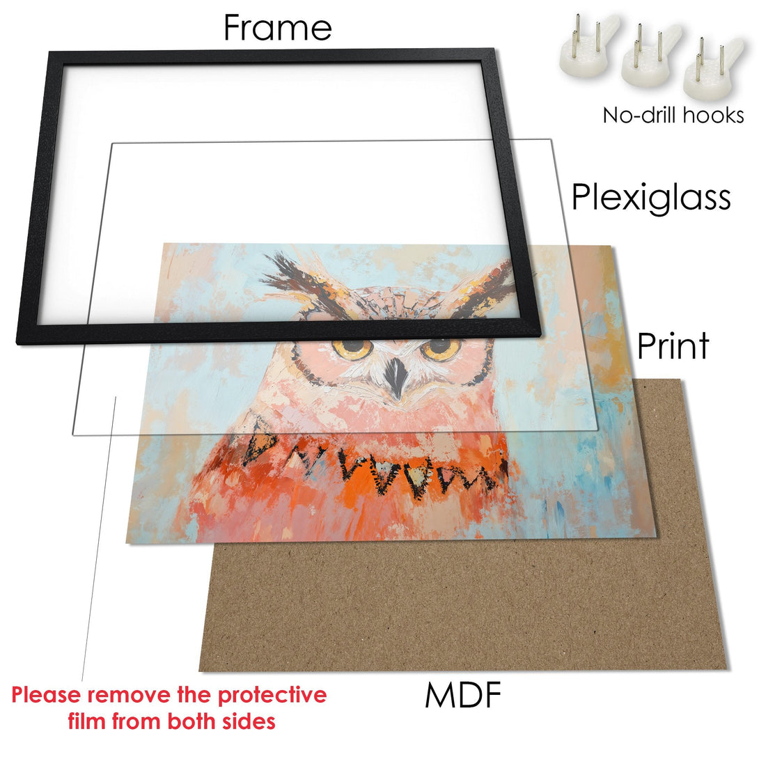 Framed Poster featuring an owl in an expressive, colorful style. Perfect wall art for your home decor!