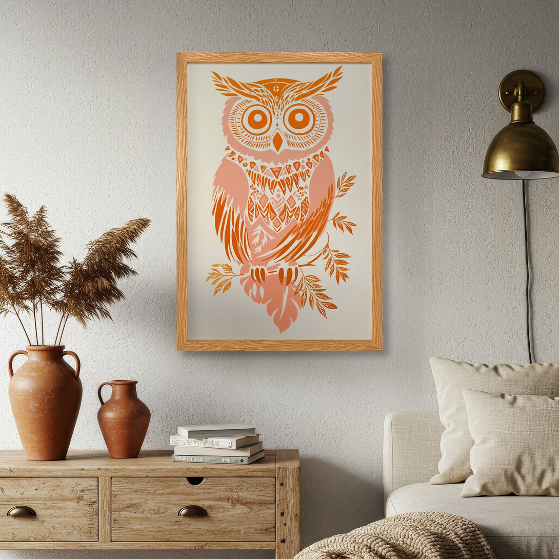 Framed Poster featuring a stylized owl in orange and peach tones. Bohemian art style perfect for home decor.