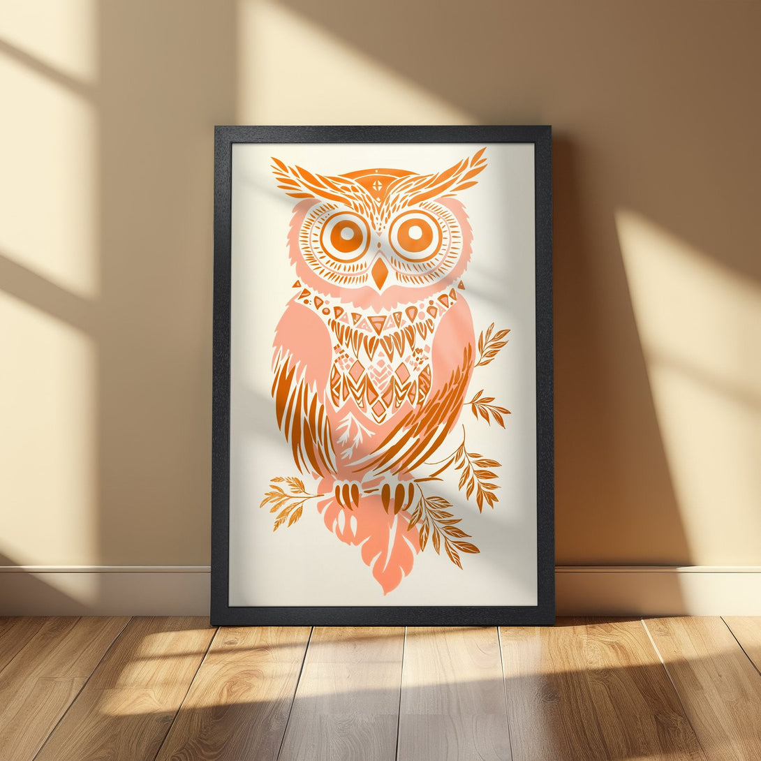 Framed Poster featuring an owl illustration in a boho style, with a peach and orange color palette. Perfect wall art!