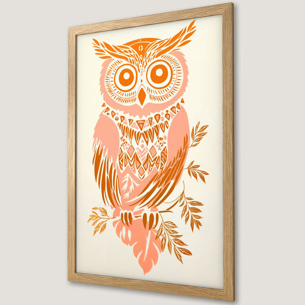 Framed Poster featuring an owl illustration in a boho style with a warm peach and orange color palette, perfect wall art.
