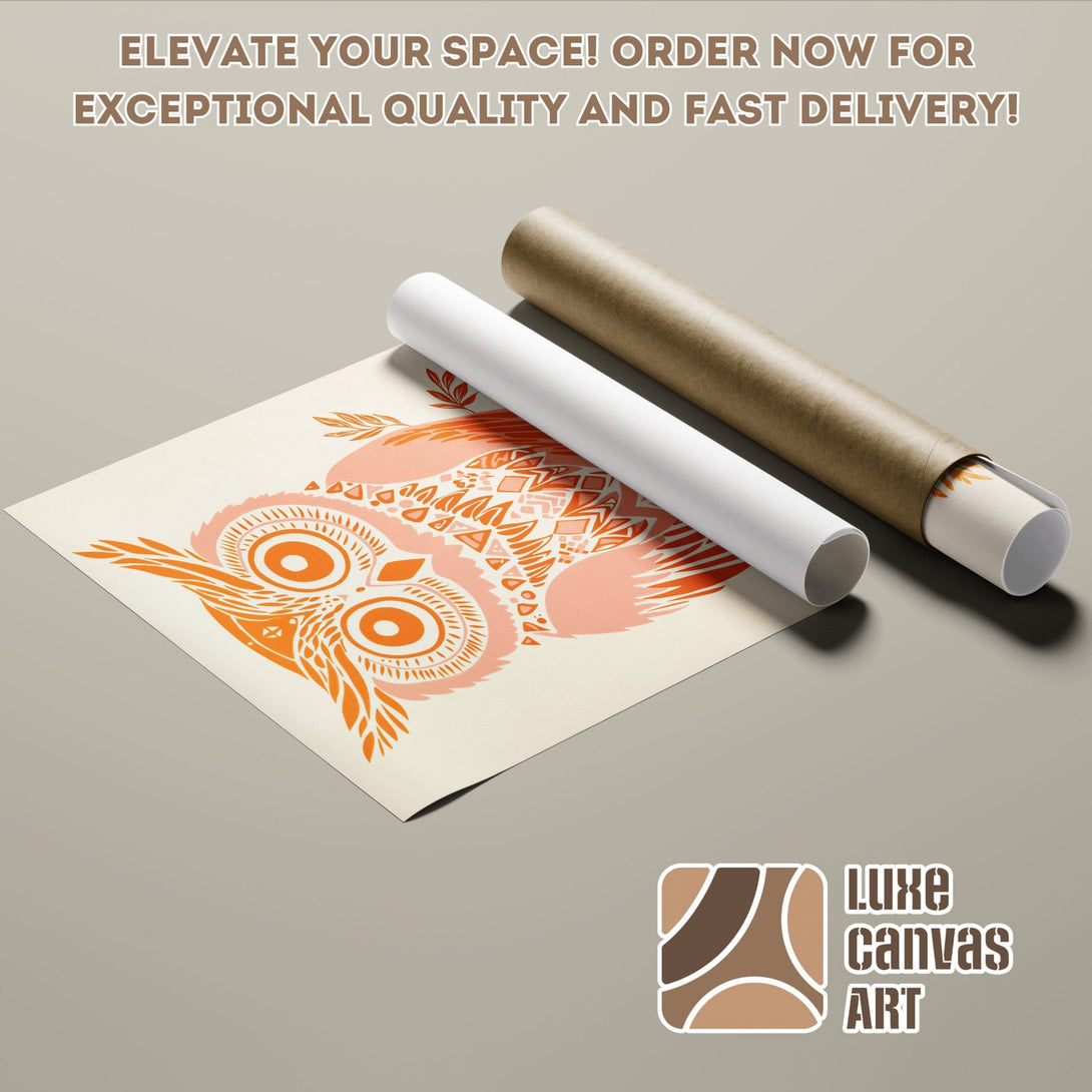 Poster Roll featuring a vibrant owl design in orange and peach tones. Perfect wall art!