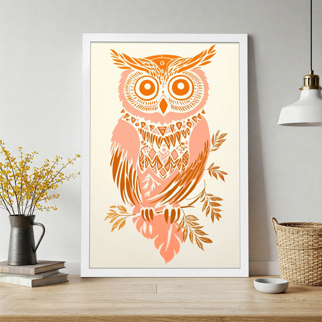 Framed Poster featuring an owl illustration in a boho style with orange and peach tones. Perfect wall art for your home decor.