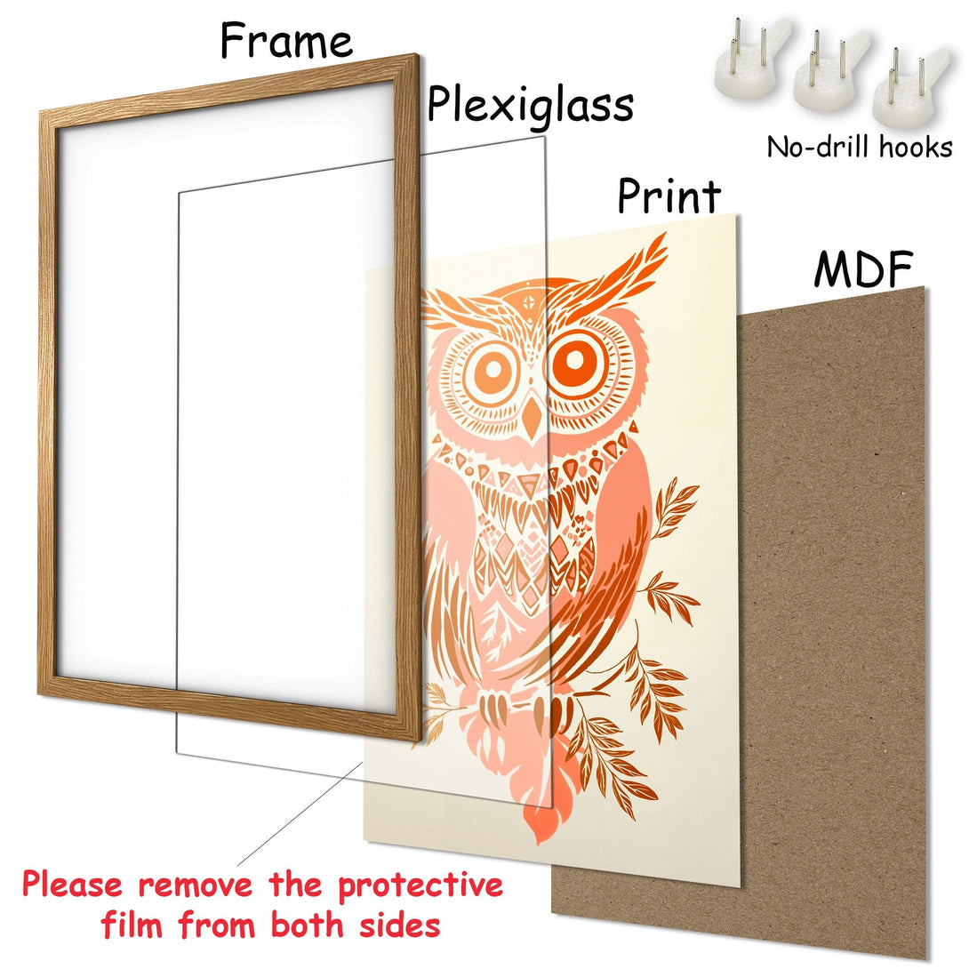 Framed Poster featuring a boho owl design in warm orange tones. Perfect wall art for your home!