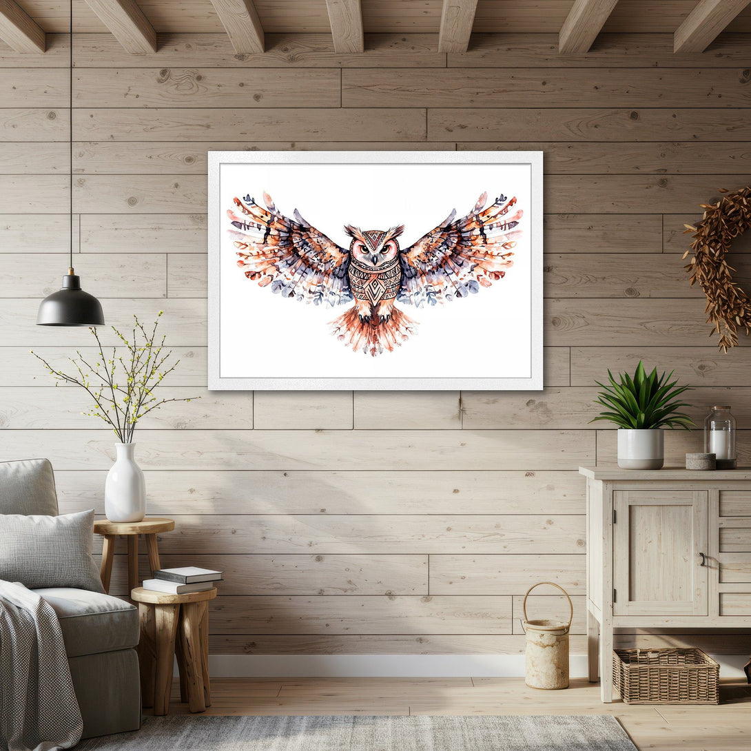 Framed Poster featuring a watercolor owl with warm orange, brown, and blue tones. Add a touch of nature and boho style to your home!