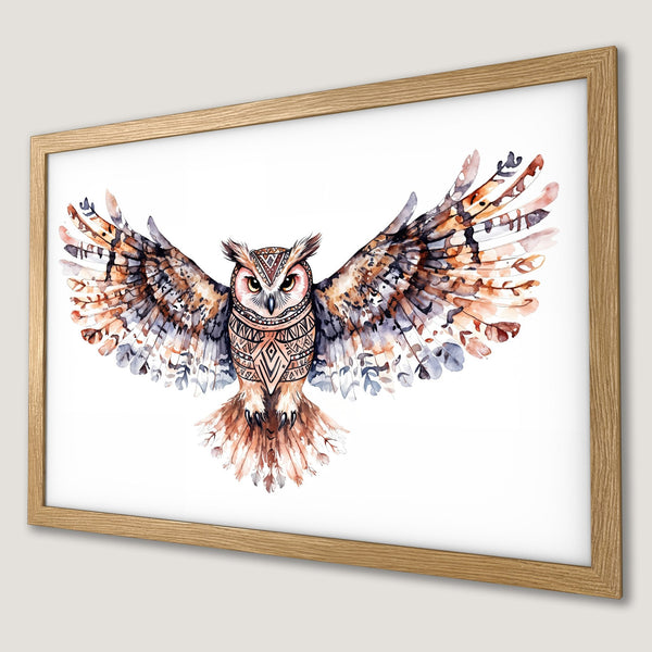 Framed Poster featuring a watercolor owl with wings spread. Earthy tones of brown, orange, and gray create a beautiful art print.