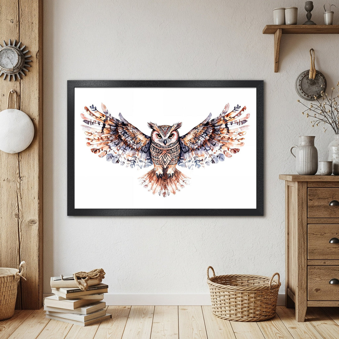 Framed Poster featuring a watercolor owl with warm brown and blue tones, perfect for home decor.