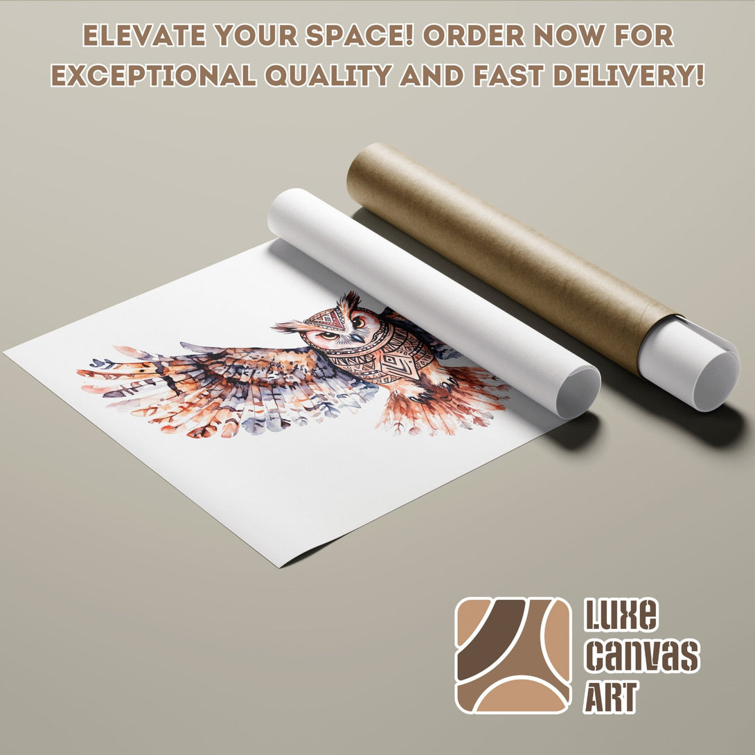 Owl Poster Roll in watercolor style, warm earth tones. Elevate your space with this stunning art print!