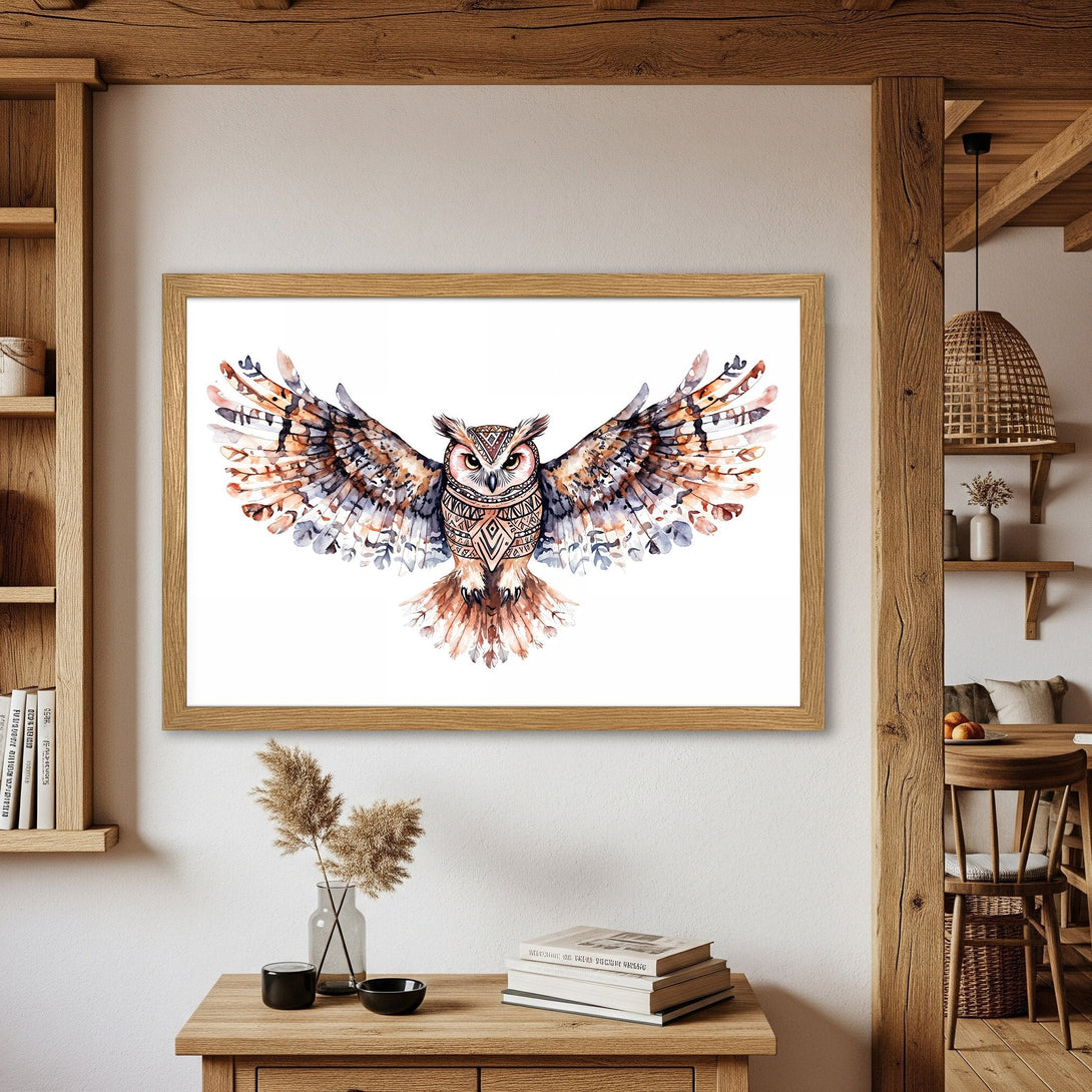 Framed Poster of watercolor owl art. Earthy tones and bohemian style, perfect for home decor. Add a touch of nature to your space!