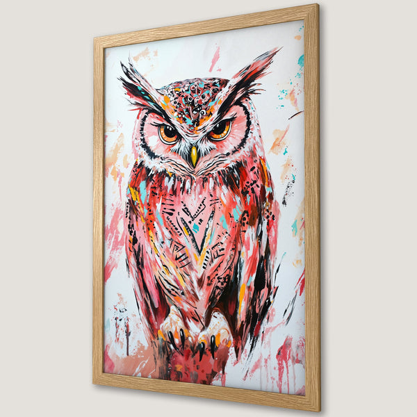 Framed Poster featuring a vibrant owl painting in a colorful, abstract style. Red, pink, and orange hues create a striking artwork.