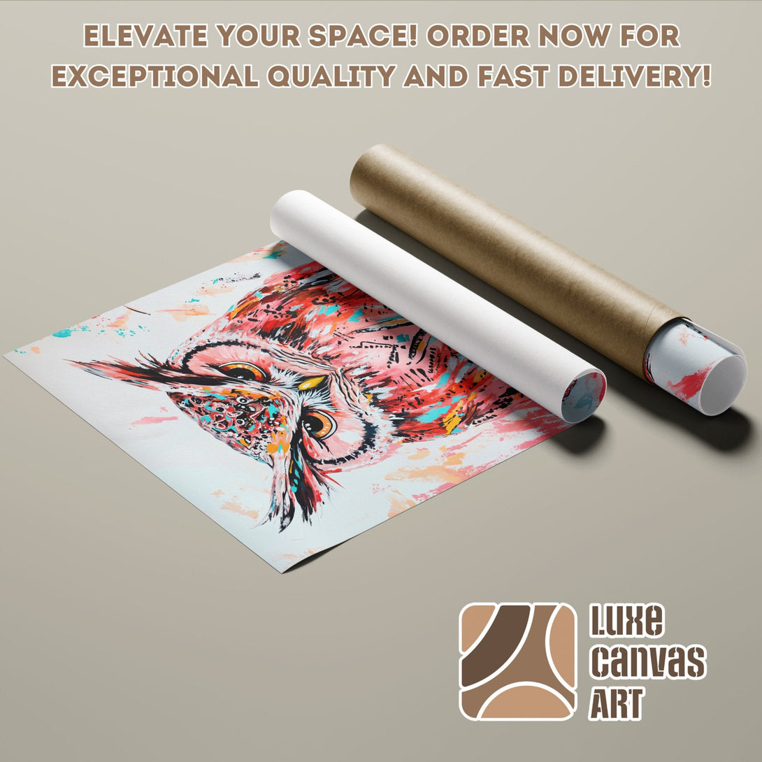 Poster Roll of a vibrant owl art print in a colorful, abstract style, perfect for home decor.