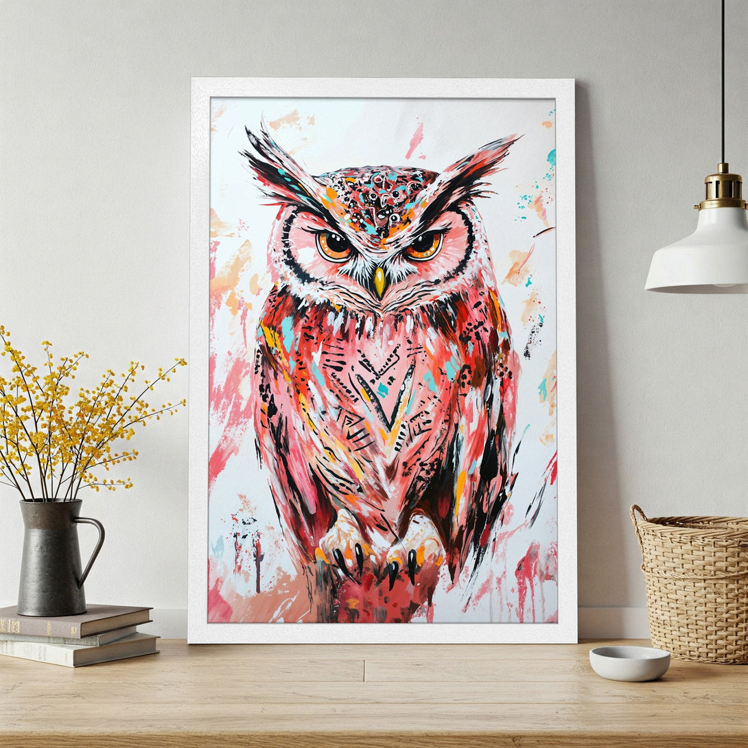 Framed Poster featuring a vibrant owl painting in a modern, colorful style. Red, orange, and teal hues create a stunning artwork.