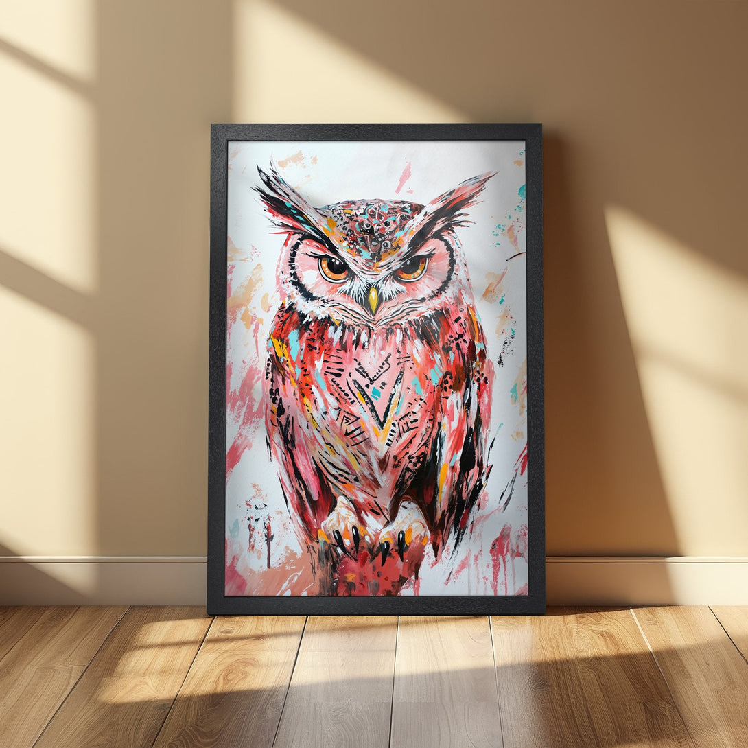 Framed Poster of a vibrant owl artwork. Colorful, abstract style with a red, pink, and orange palette. Perfect wall decor!