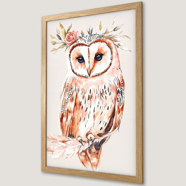Framed Poster featuring a watercolor owl with floral crown, warm earth tones, and a rustic style. Perfect wall art for any room.