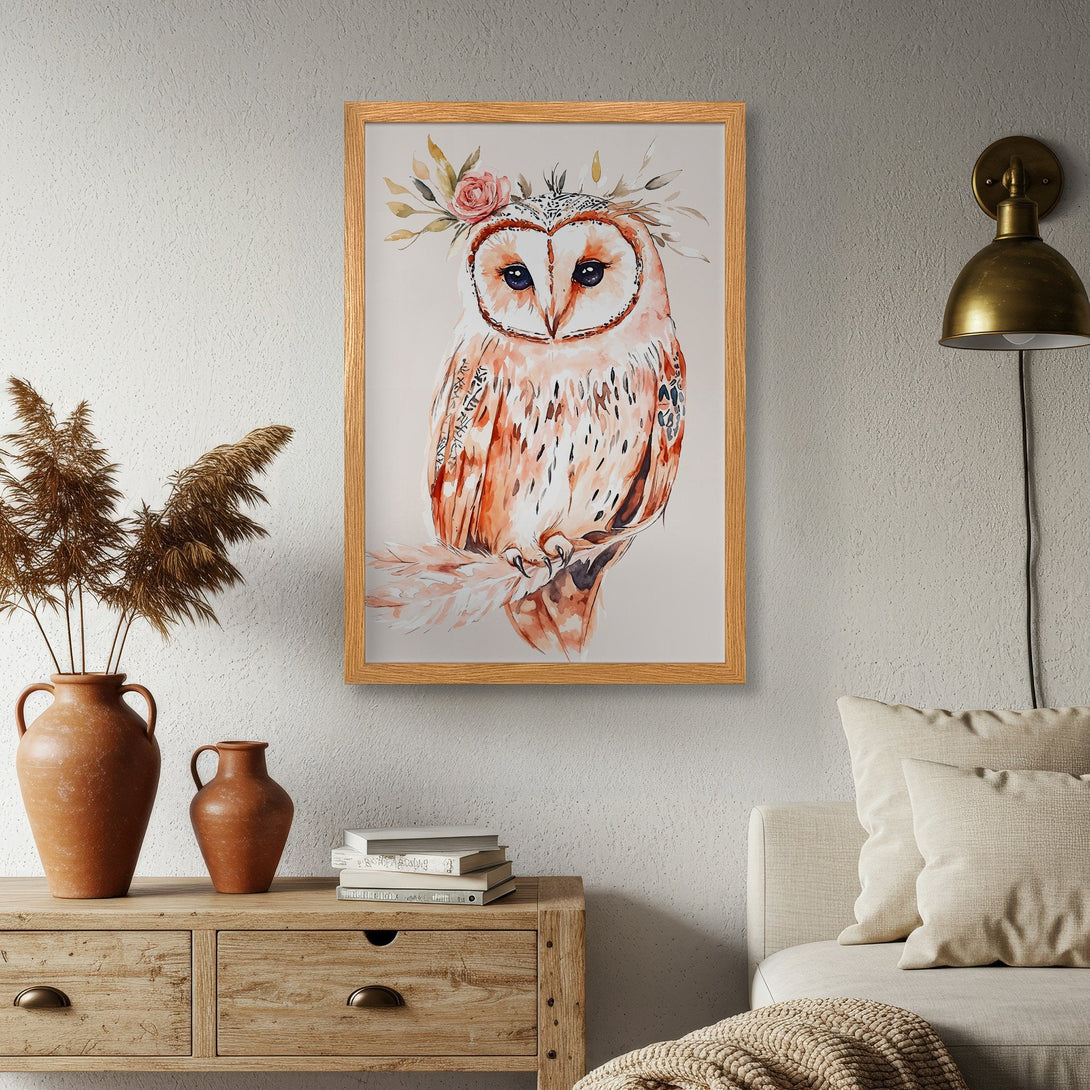 Framed Poster featuring a watercolor owl with floral crown. Warm, earthy tones create a cozy, bohemian vibe. Perfect wall art!